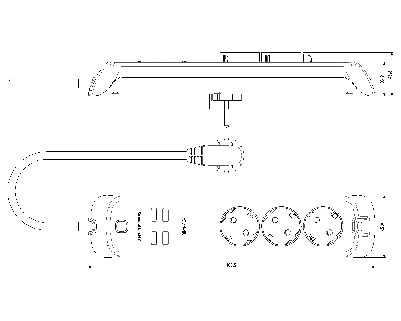 Vimar 00447.CK.B multiprise connectée blanc 3 prises + 4 USB