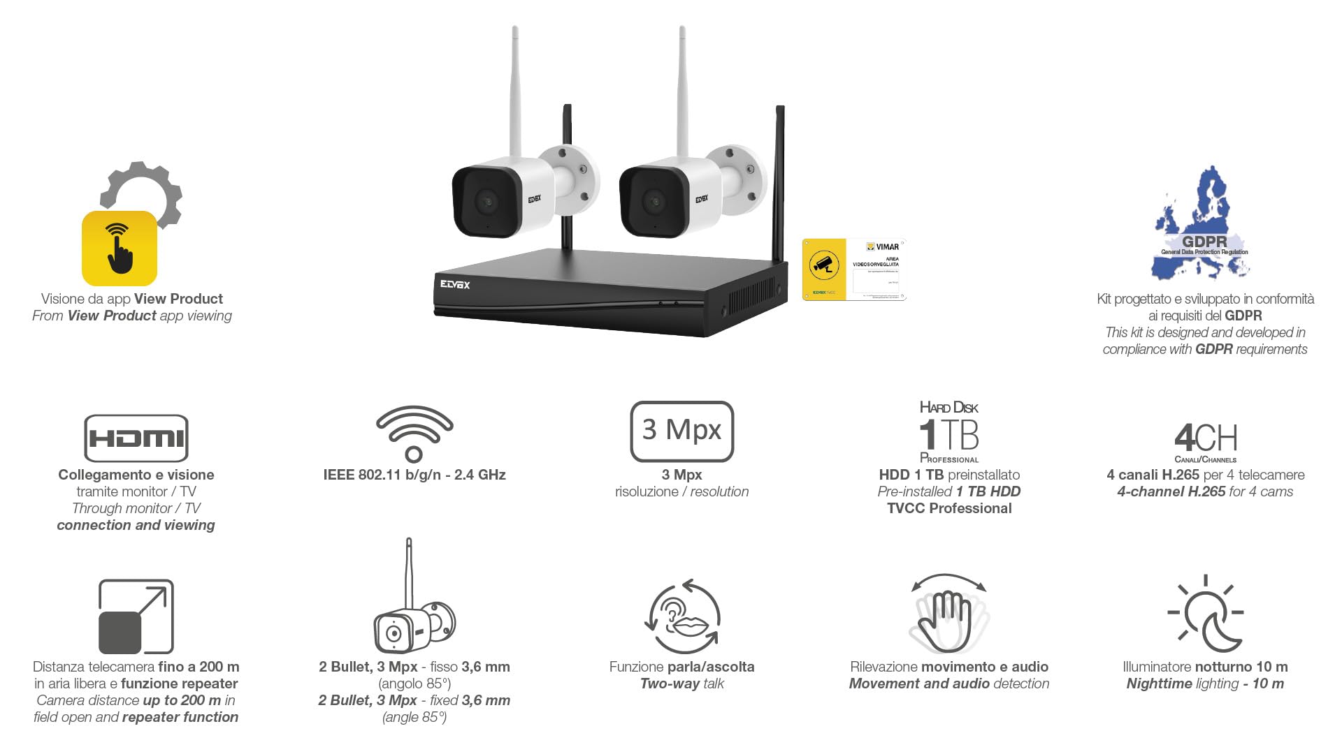 Vimar Composants 46KIT.036C kit CCTV WiFi 4 canaux 3 Mpx 2 caméras