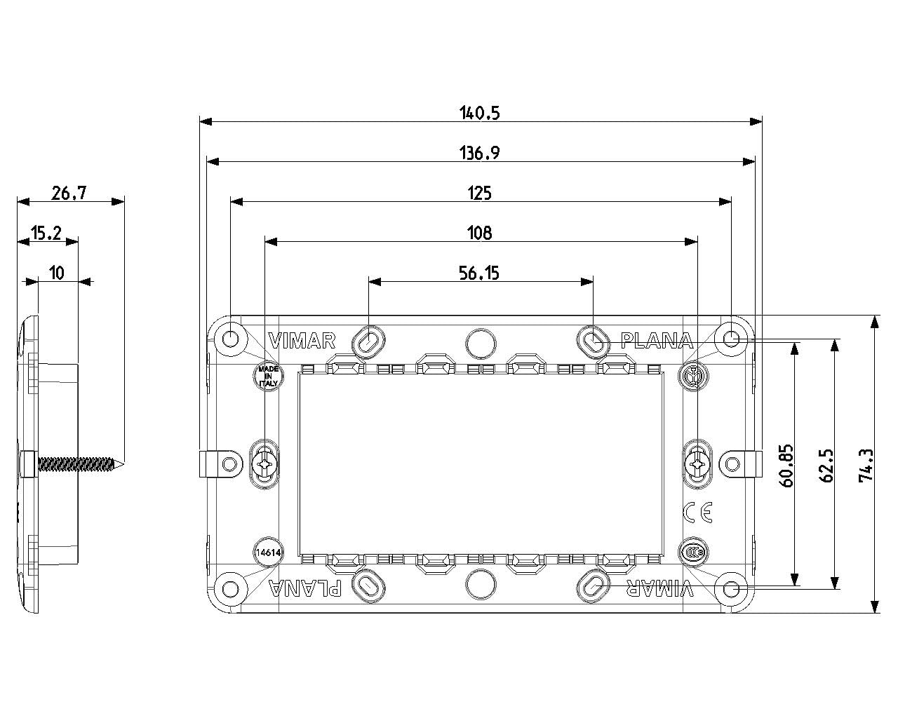 Vimar Plana 14614 support 4 modules avec vis boîtier