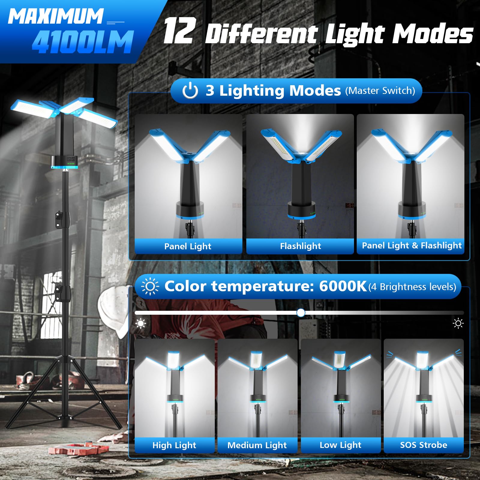 T-Sun Work Lights Lampe Chantier LED Trépied Bleu 6000K