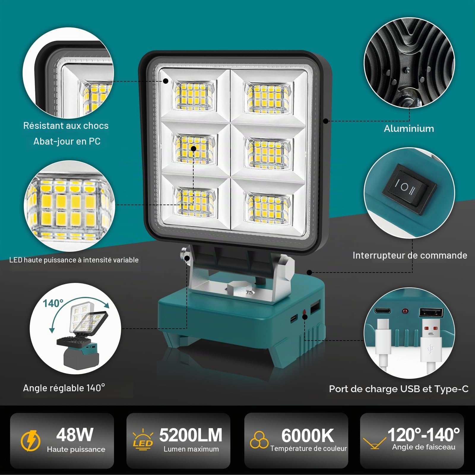 T-Sun Work Lights F0120-MT projecteur LED 48W Makita nu