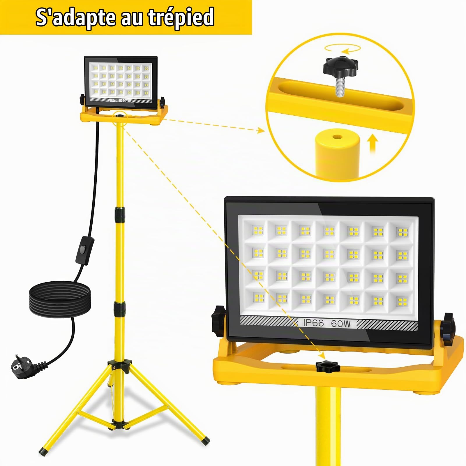 T-Sun Work Lights projecteur LED chantier 60W 6000K IP66 4 m