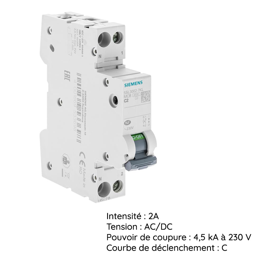 Siemens Sentron disjoncteur Ph+N 2A courbe C 4,5kA