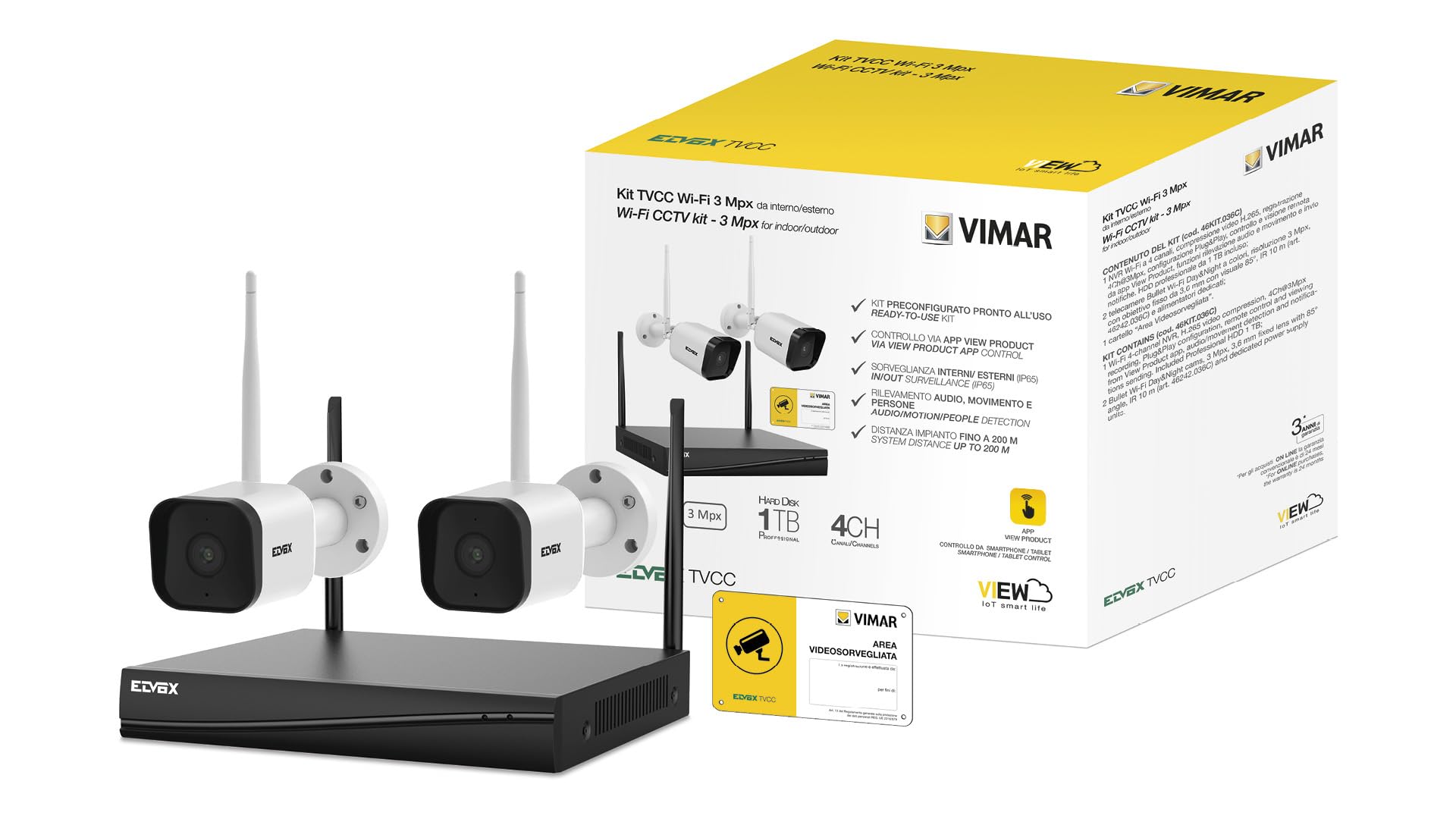 Vimar Composants 46KIT.036C kit CCTV WiFi 4 canaux 3 Mpx 2 caméras
