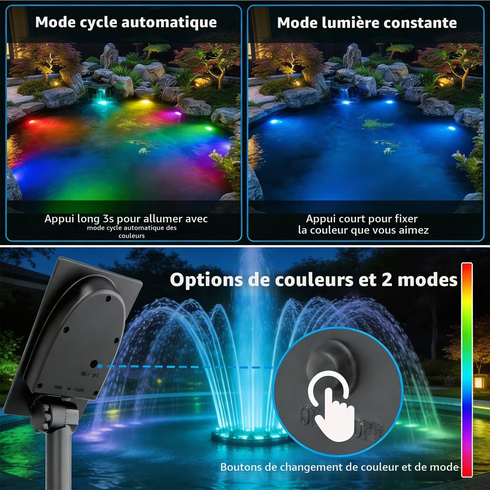 T-Sun Pond Lights spot solaire bassin submersible RGB 5 en 1 x3