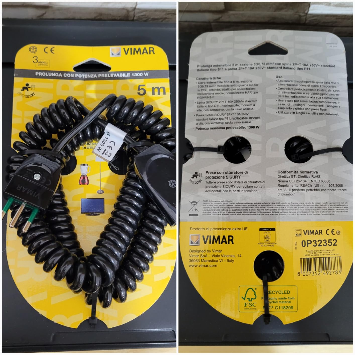 Vimar Composants de base Prolongateur 0P32352 5 m Noir 10 A