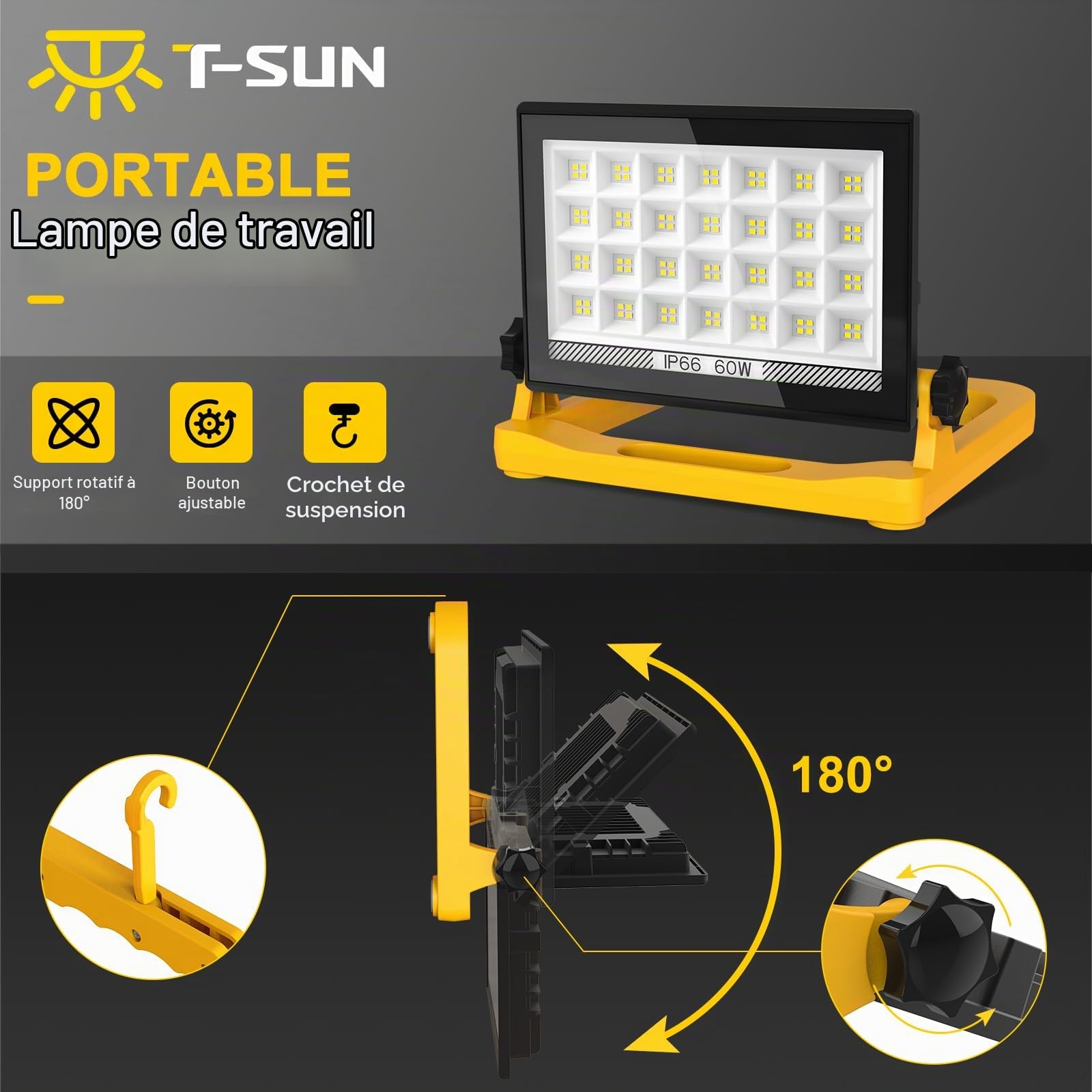 T-Sun Work Lights projecteur LED chantier 60W 6000K IP66 4 m