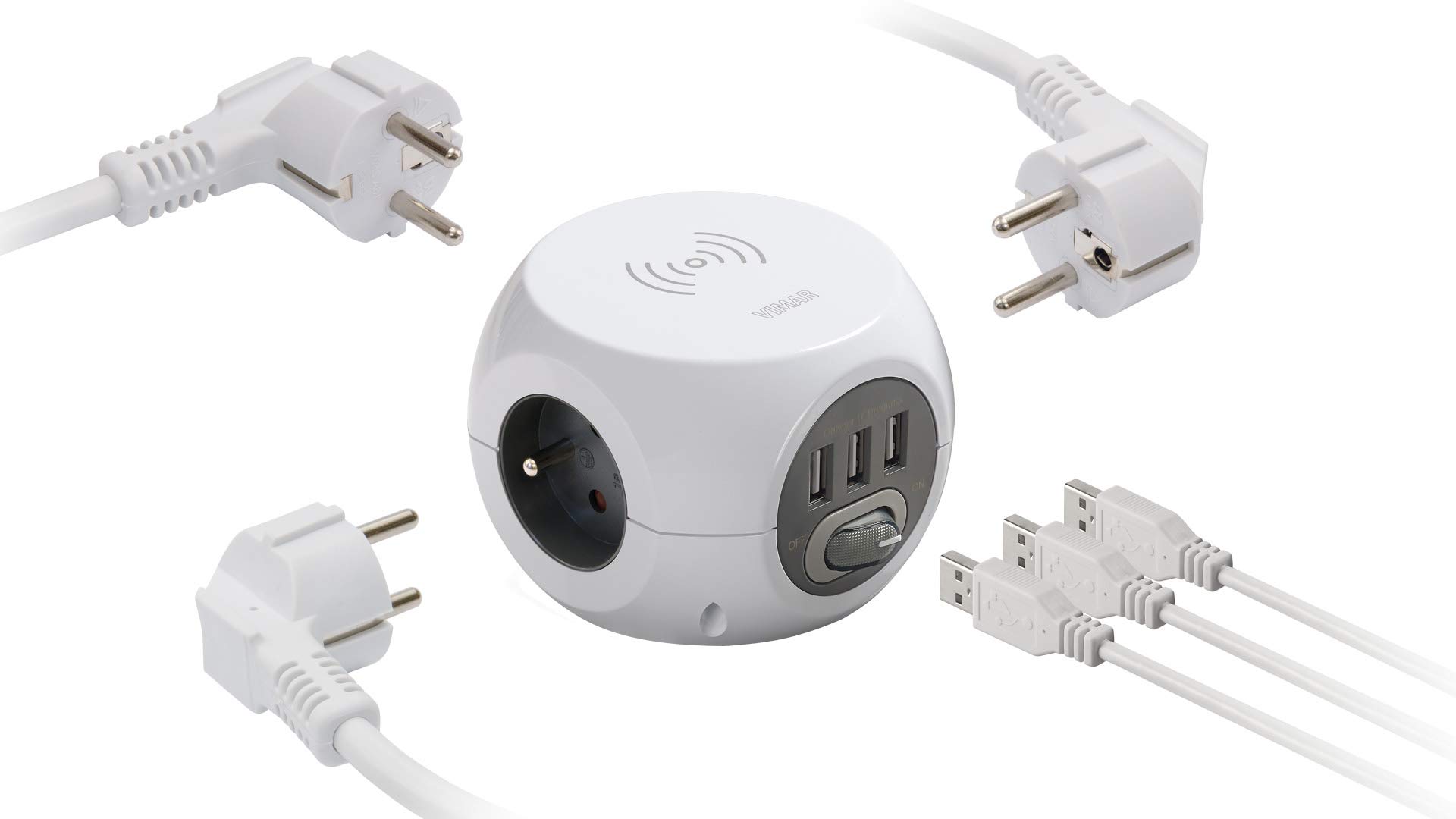 Vimar prise mobile multiple Schuko USB Qi blanc 16A