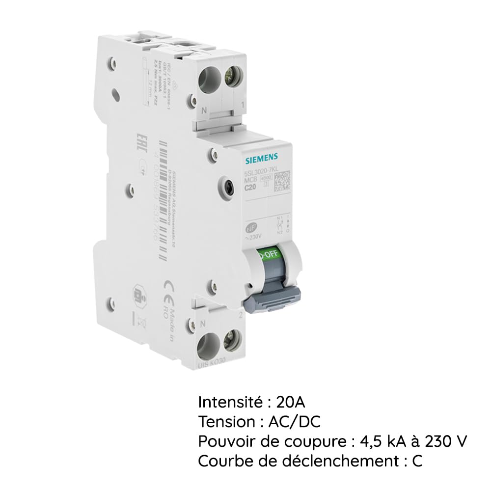 Siemens Sentron disjoncteur Ph+N 20A courbe C 4,5kA