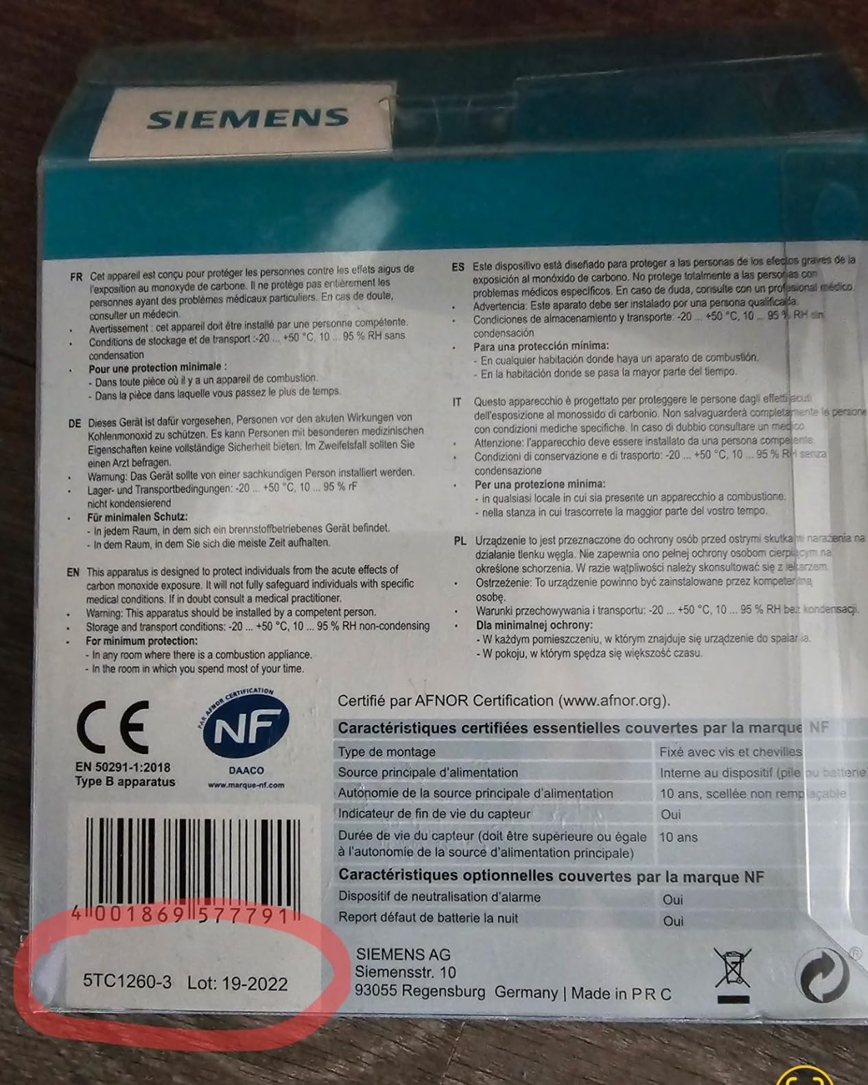 Siemens Delta One 5TC1260-3 détecteur CO NF 10 ans