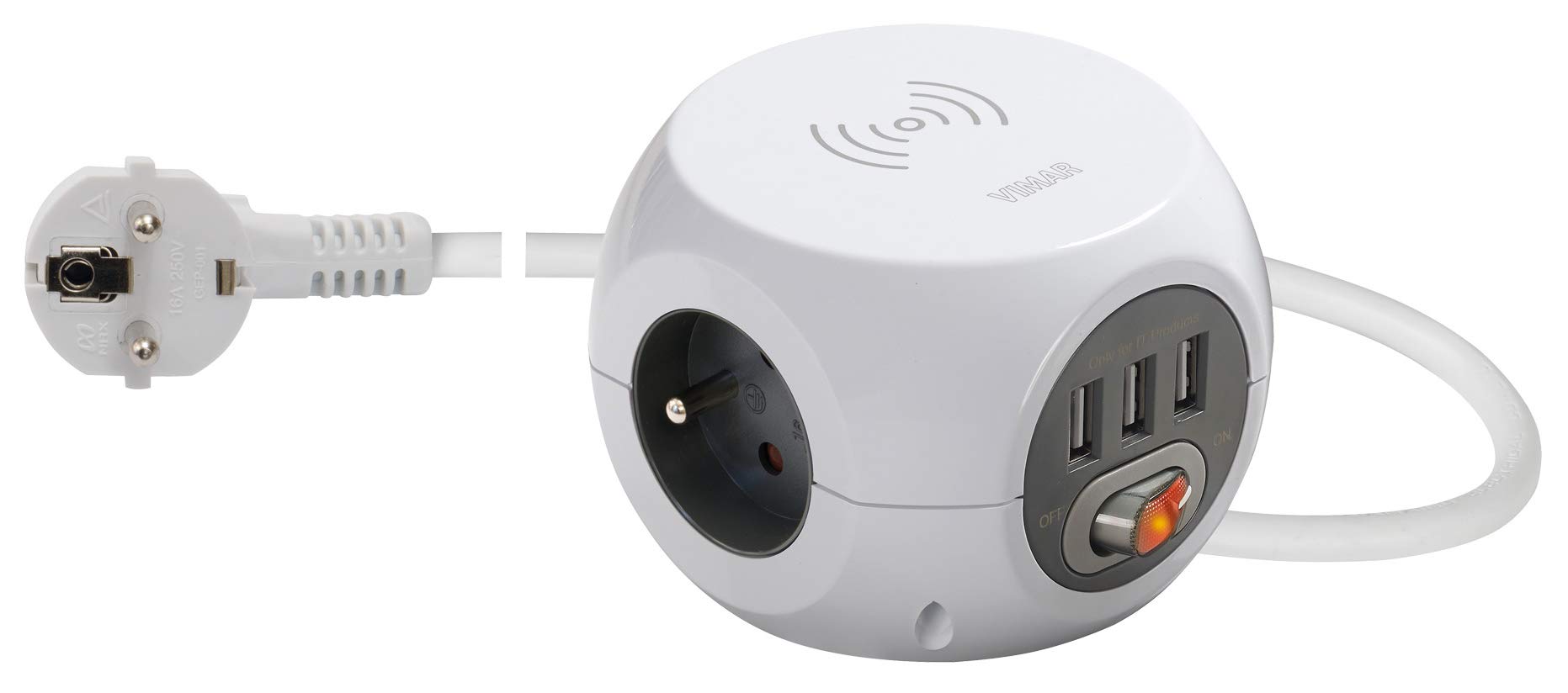 Vimar prise mobile multiple Schuko USB Qi blanc 16A