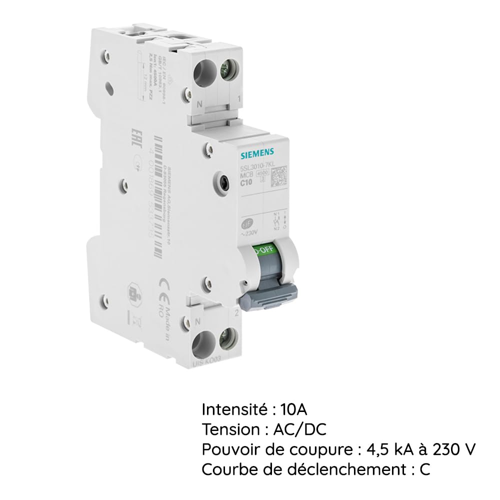 Siemens Sentron disjoncteur 10A Ph+N courbe C 4,5 kA 230V