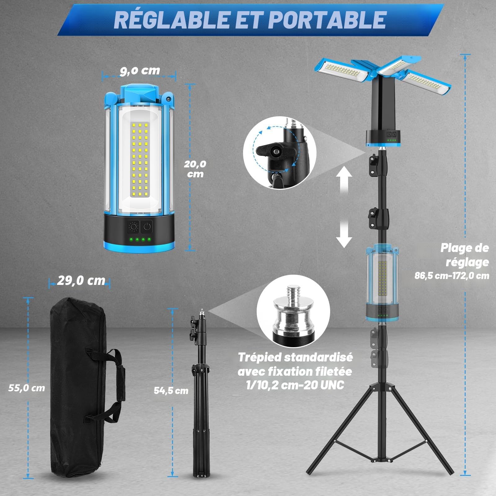 T-Sun Work Lights Lampe Chantier LED Trépied Bleu 6000K